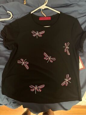 Love Scarlett Black Butterfly Embellished Short Sleeve Blouse